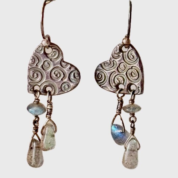 Handmade Earrings Silver Heart with Dangling Tiny Polished Stones - Picture 1 of 6